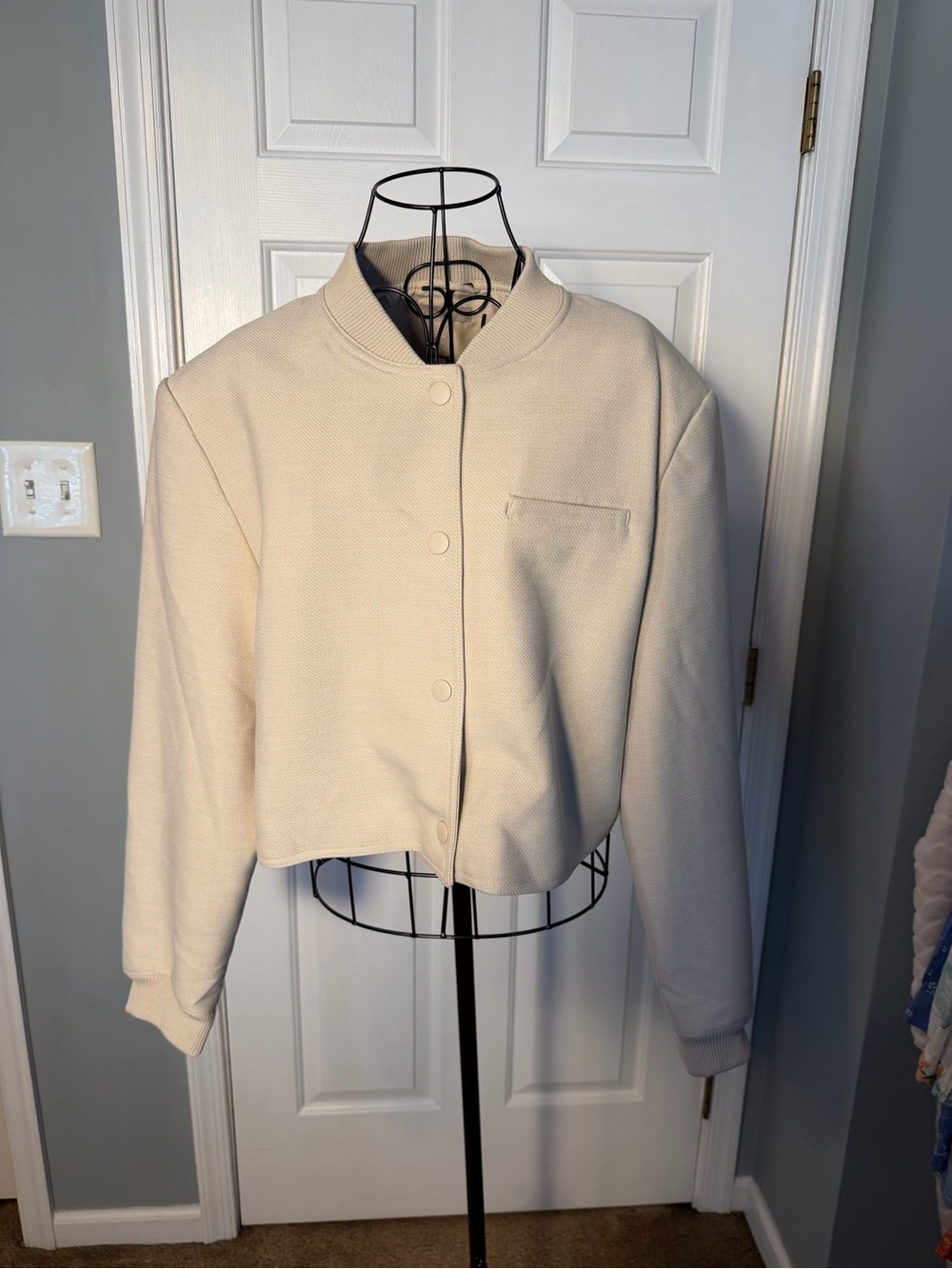 H&M Cream Cropped Snap-Front Bomber Jacket